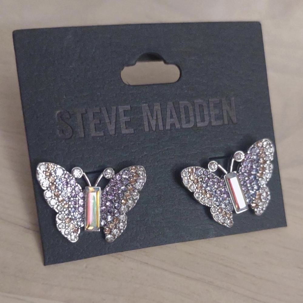 Steve Madden Y2k Butterfly Purple Sparkling Crystal Earrings Bling